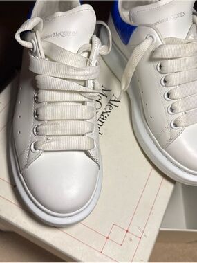 Que White Leather Sneakers with Blue Heel Accent